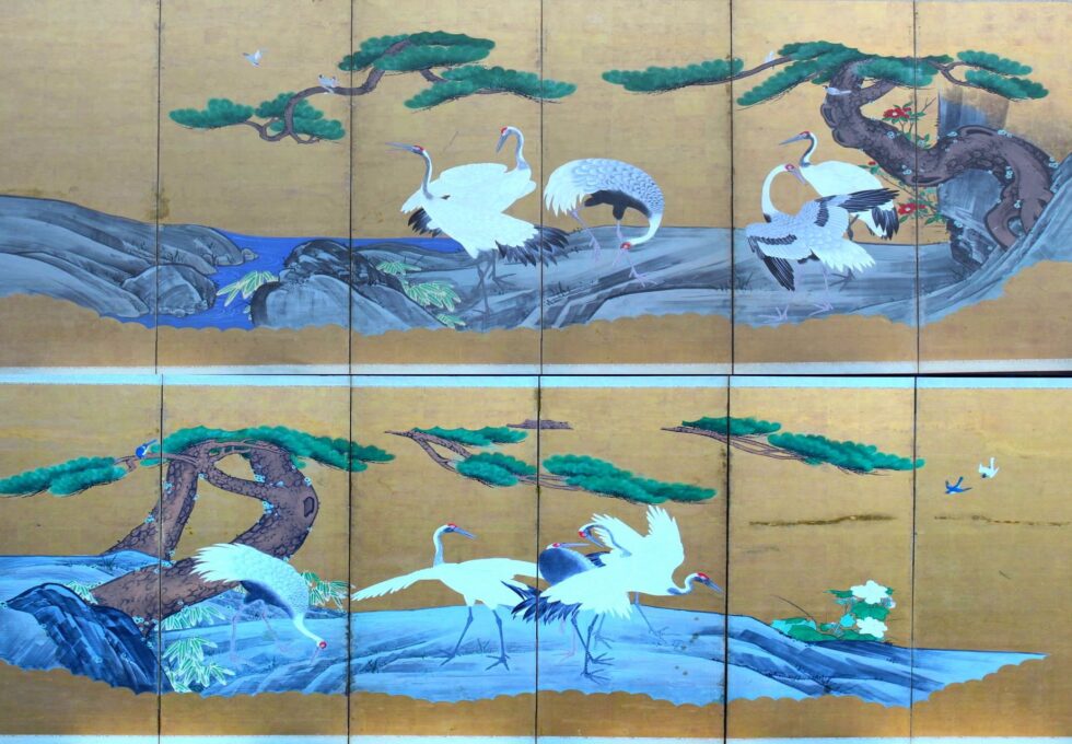 江戸時代 金砂子 金台肉筆 松に群鶴図 六曲一双 屏風 無落款 を買い取りいたしました。