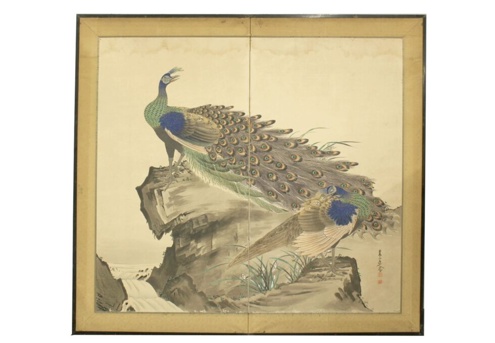 古美術 在銘 『双孔雀図』 屏風 二曲一隻   を買い取りいたしました。
