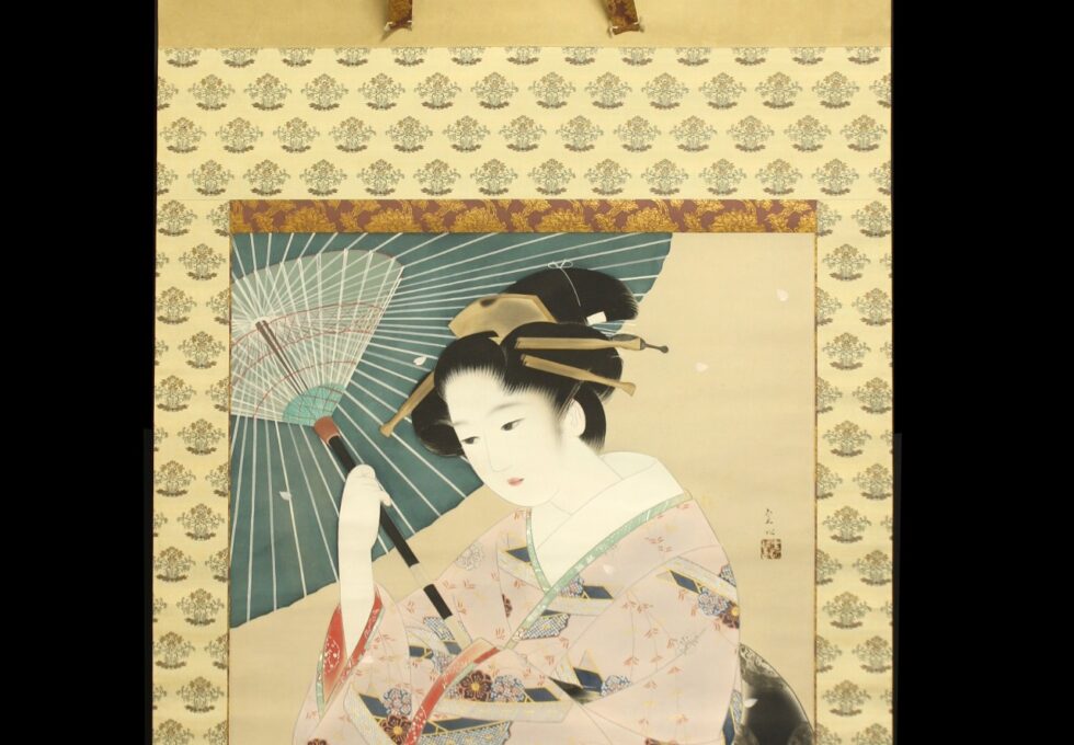 美人画巨匠 中村 貞以 筆 『桜時雨』 掛軸を買取いたしました。